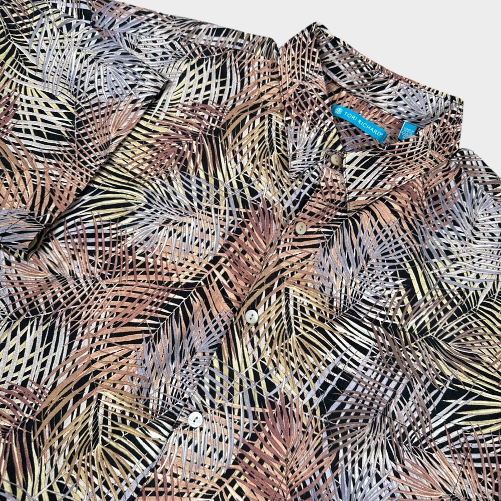 Tori Richard Shirt Mens XL Black Multicolor Palm Leaf Print Cotton Lawn Hawaii
